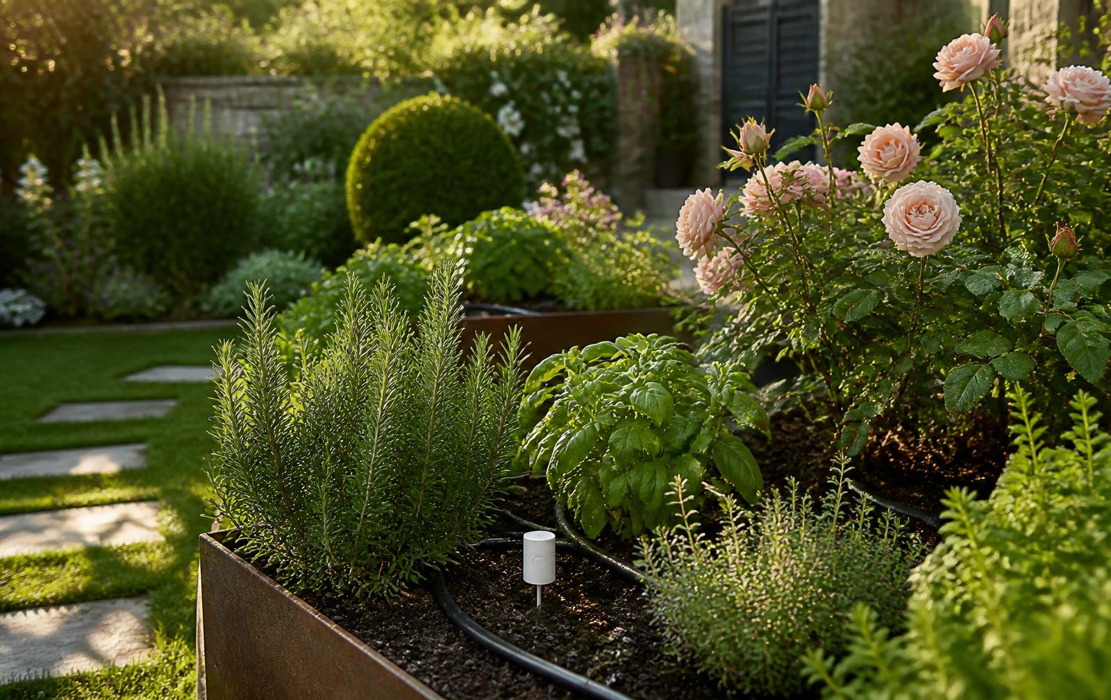 Gepflegtes Gartenbeet mit Tropfbewässerung und Bodenfeuchte-Sensor